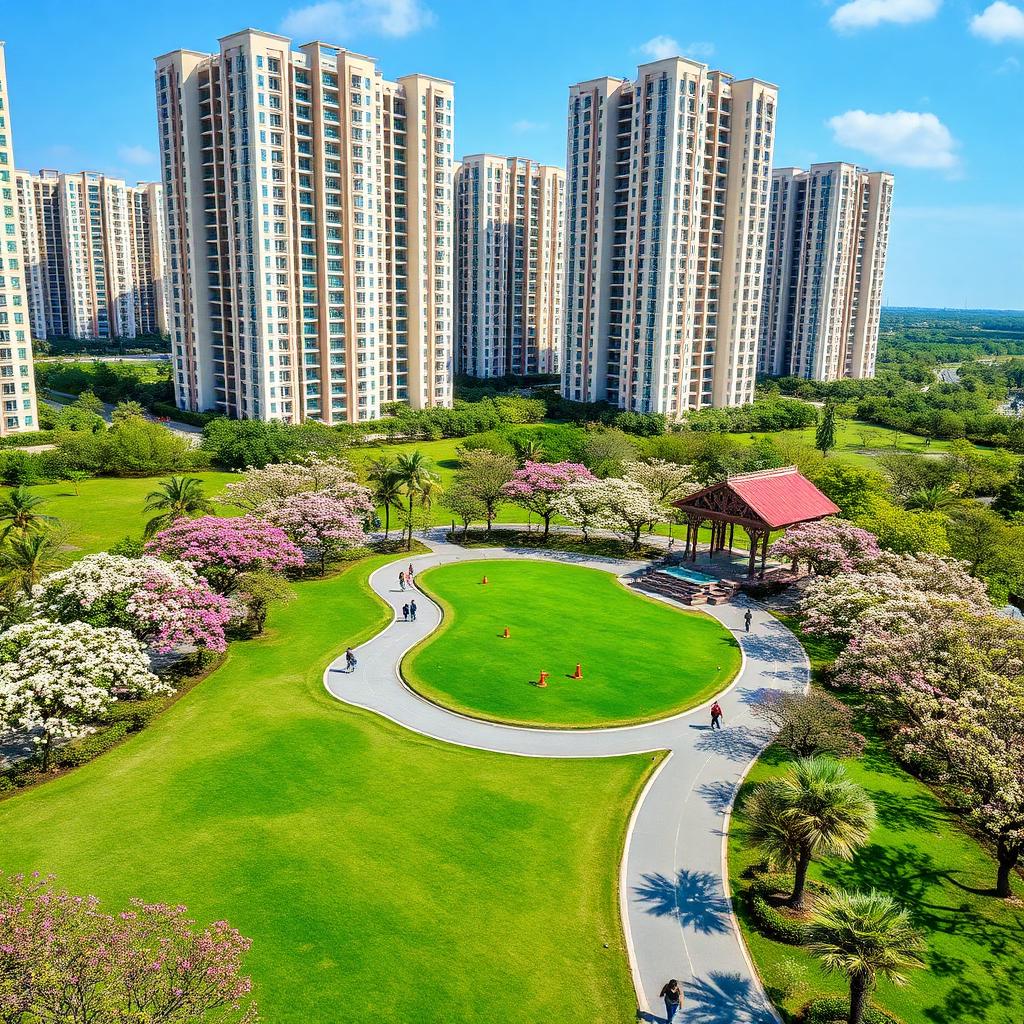 Apartment Community Landscaping — Central green with jogging track, kids zone and avenue plantation in a gated community