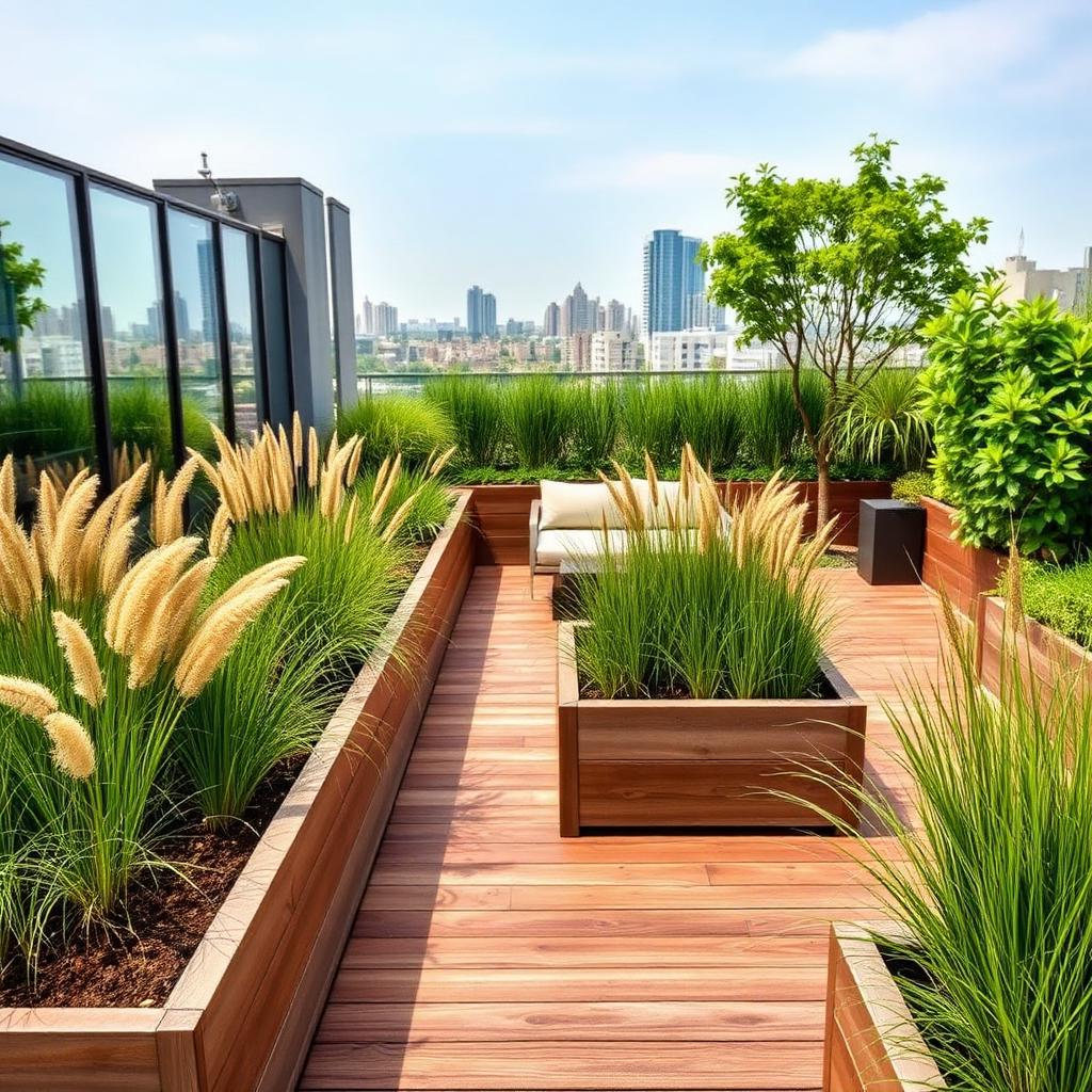 Apartment Community Landscaping — Podium / rooftop garden with planter boxes, decking and ornamental grasses