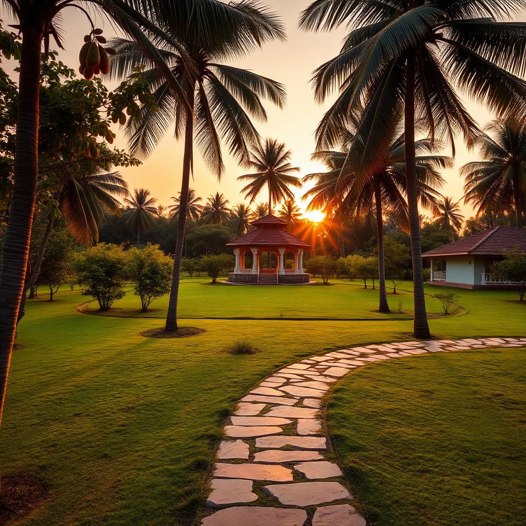 Farmhouse Garden — Open lawn with coconut palms, gazebo focal point and natural stone pathway