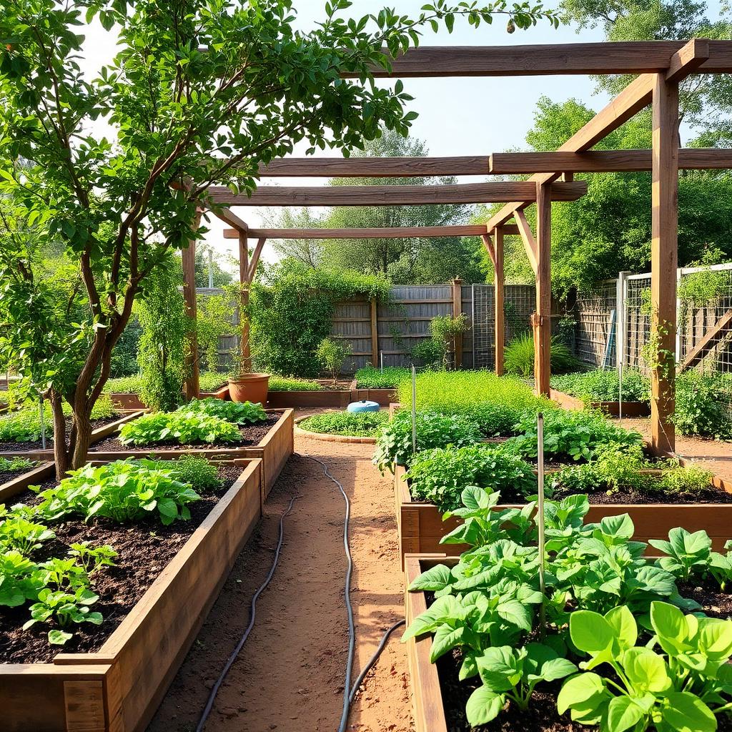 Farmhouse Garden — Productive kitchen garden — raised beds, fruit trees and drip irrigation