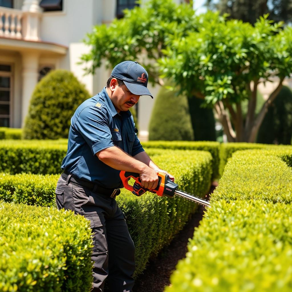 Garden Maintenance — Trained horticulturist hedging boxwood topiary on a regular maintenance visit