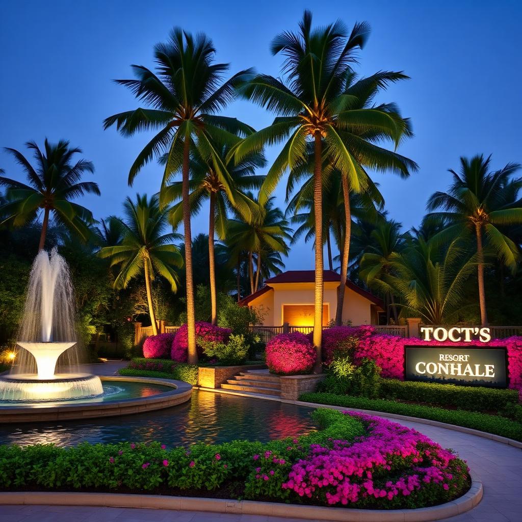 Resort Landscaping — Resort entry — fountain feature, palm avenue and signature flowering hedges