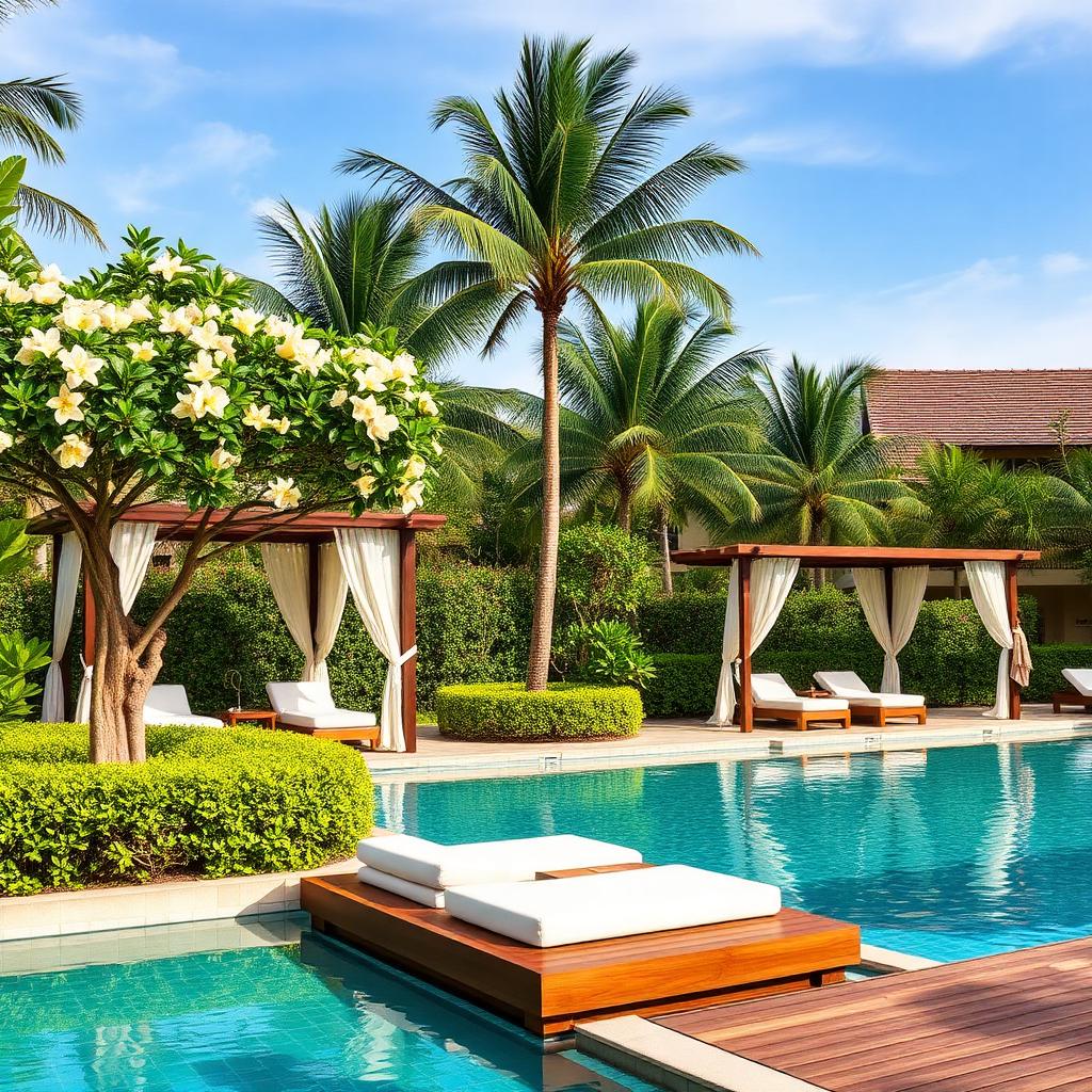 Resort Landscaping — Pool deck with private cabanas, frangipani shade and architectural planting