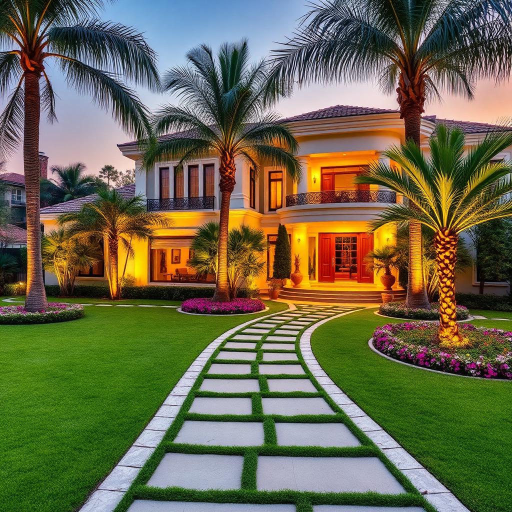 Villa Landscaping — Front-garden masterplan with palm avenue, stepping-stone pathway and accent uplighting