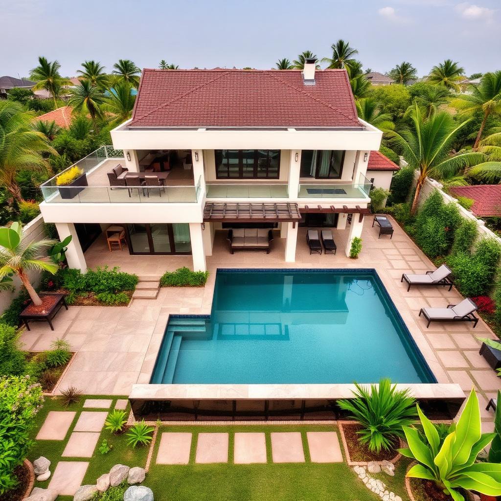 Villa Landscaping — Pool-side hardscape with tropical perimeter planting and outdoor lounge zone